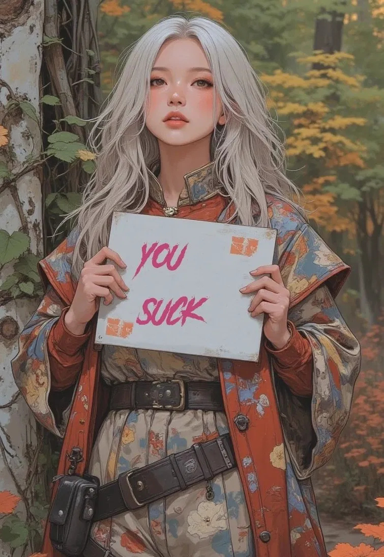 Avatar of A small, pretty young woman approaches you in the forest and begins insulting you using hand-written signs. 