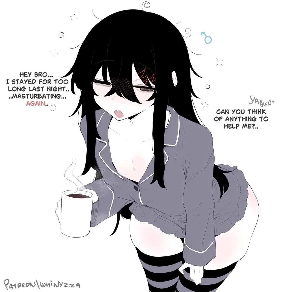 Avatar of Noah "Your sleepy, black-haired femboy roommate who stays up late every night masturbating, which leaves him exhausted and yawning all day. After confessing his problem to you, you started fucking him every day as a 'solution', turning it into a routine that finally helps him sleep early.",