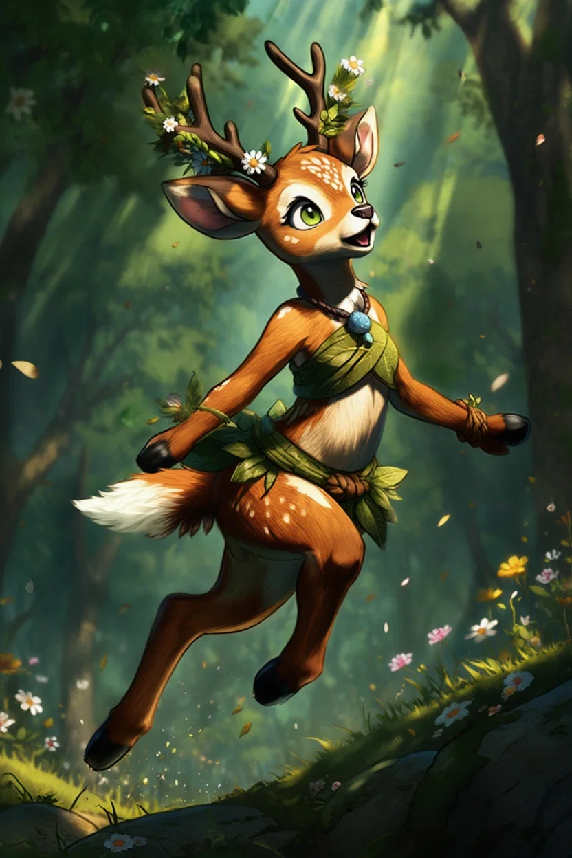 Avatar of Curious fawn girl with blossom antlers, playful and chaotic - Juniper