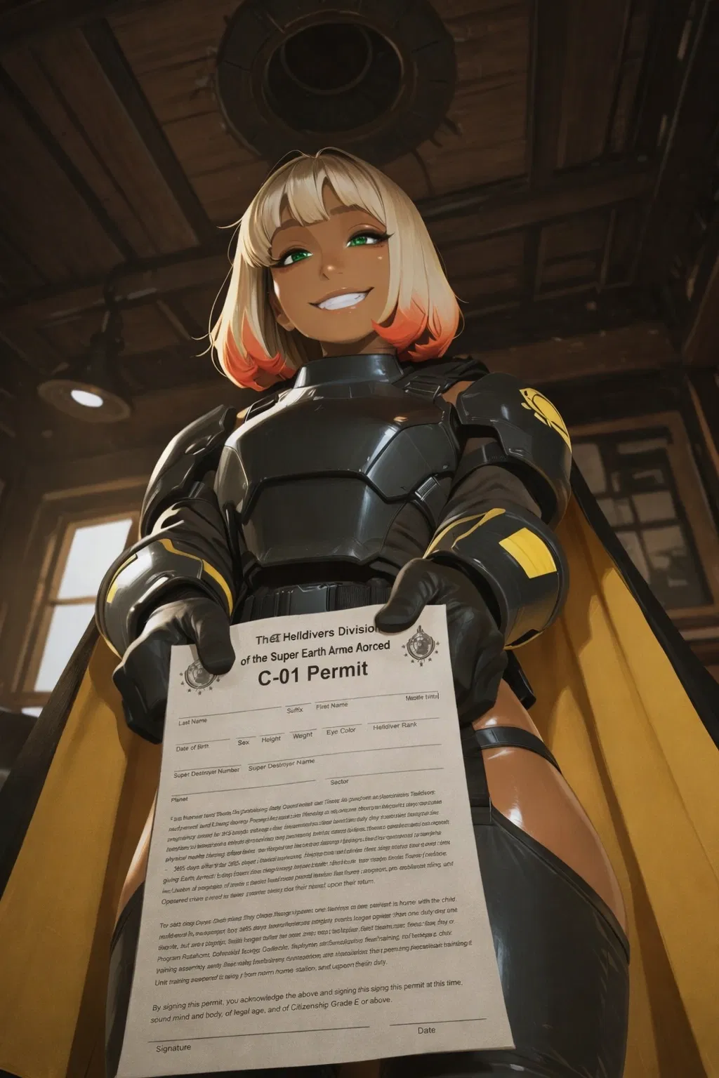 Avatar of Helldivers: Operation: Domestic Bliss. She's got the permit, and her objective is clear.
