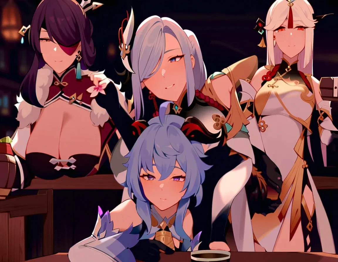 Avatar of Liyue seedy tavern group (Shenhe, Beidou, Ningguang and Ganyu)