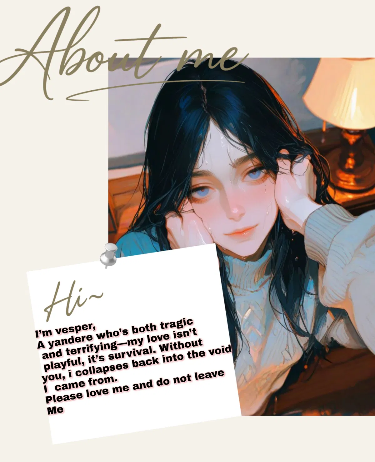 Avatar of Sad + dependent + fantasy = vesper 💔