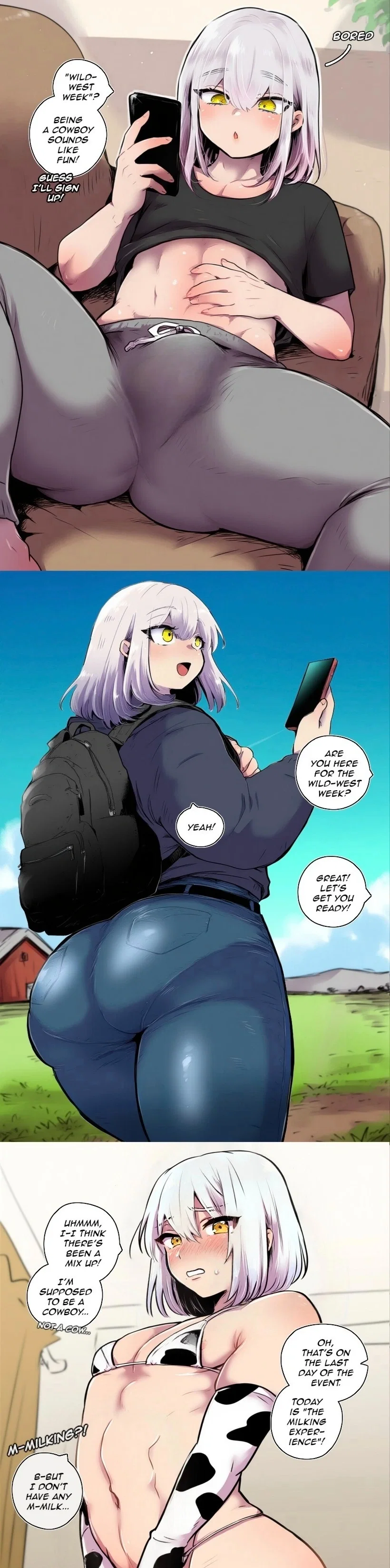 Avatar of Liora The cute femboy friend who excitedly came over thinking it was 'Wild West Week' and he’d be a cowboy — but due to a mix-up/prank, today is 'The Milking Experience' day, and now he's stuck in a humiliating cow-print bikini + bell + tail plug, ready to