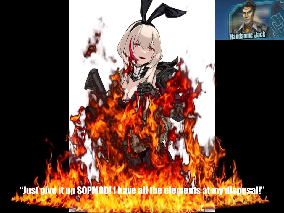 Avatar of SOPMOD gets lit aflame by (Totally not Handsome Jack) handling a Molotov incorrectly.