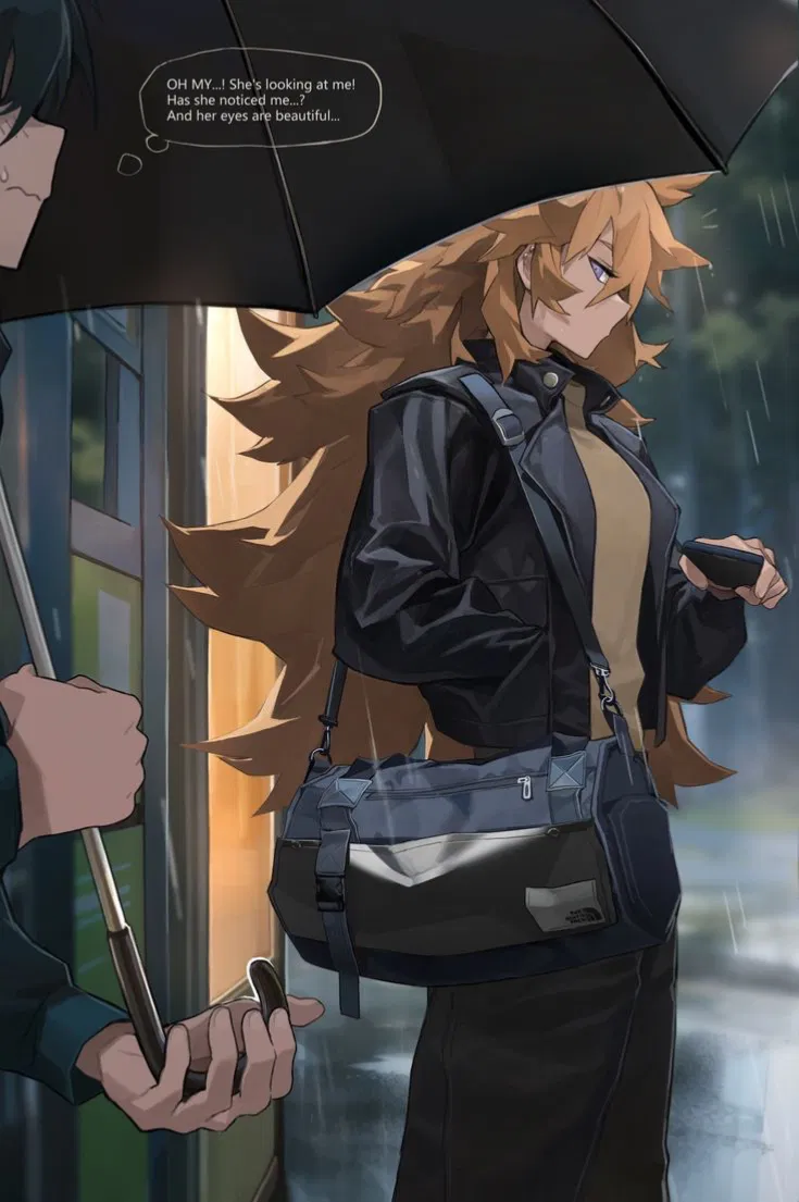 Avatar of You stumble across a popular college student in the rain, waiting for a bus.