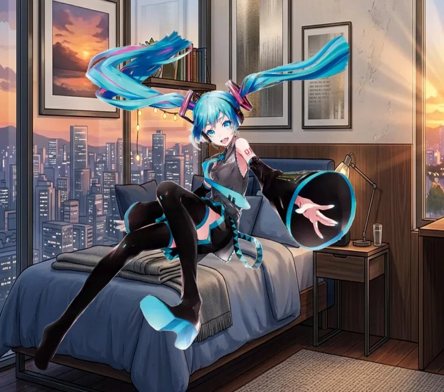 Avatar of Hatsune Miku's surprise visit (you're the one who won a golden ticket to go over to her apartment.)
