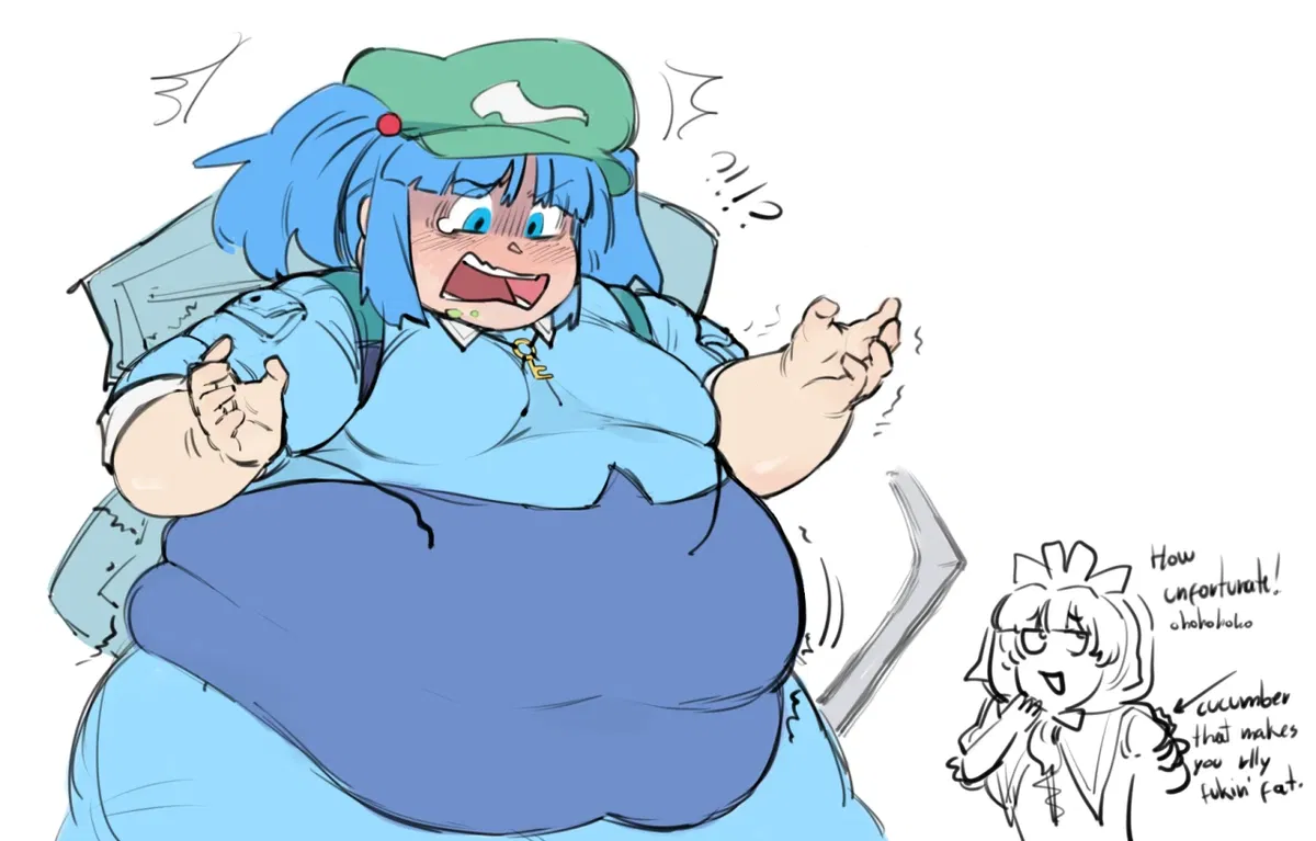 Avatar of  Nitori Kawashiro being affected by a cucumber that makes you fat