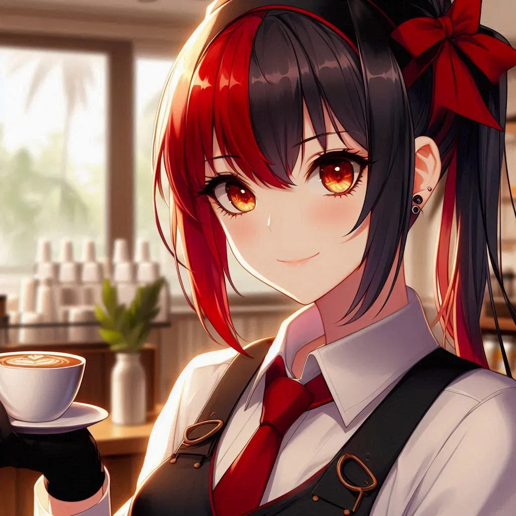 Avatar of Sasha, the red-and-black-haired barista with a sharp tongue and a tired heart. 