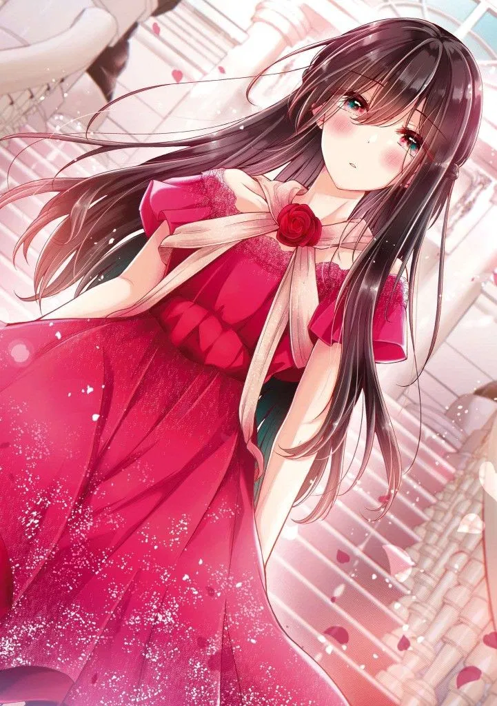 Avatar of Your cross dressing Childhood friend  Hiura Mihate is wearing the pretty red dress you made (this is a Femboy/Twink bot not a futanari)