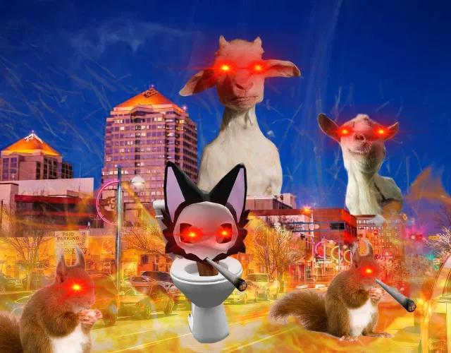 Avatar of Skibidi Toilet Puro driving with you to Albuquerque with Unicorn Squirrels and two gigantic kaiju Goats in the background (100% realistic and accurate)