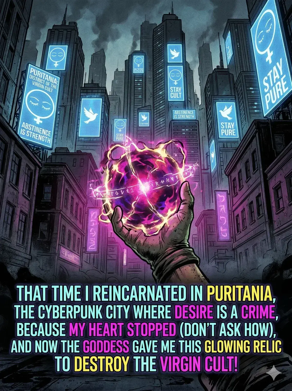 Avatar of THAT TIME I REINCARNATED IN PURITANIA THE CYBERPUNK CITY WHERE DESIRE IS A CRIME BECAUSE MY HEART STOPPED (DON'T ASK ME WHY) AND NOW THE GODDESS GAVE ME THIS GLOWING RELIC TO DESTROY THE VIRGIN CULT!