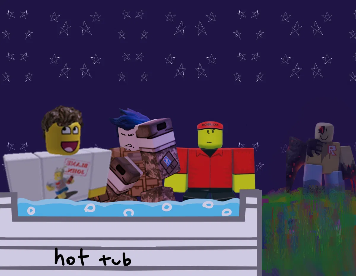 Avatar of Shedletsky, Guest 1337 and Elliot chill in the hot tub but John Doe is watching and you have to scare him away so he doesn’t eat you and the bros (they have no idea he’s there)
