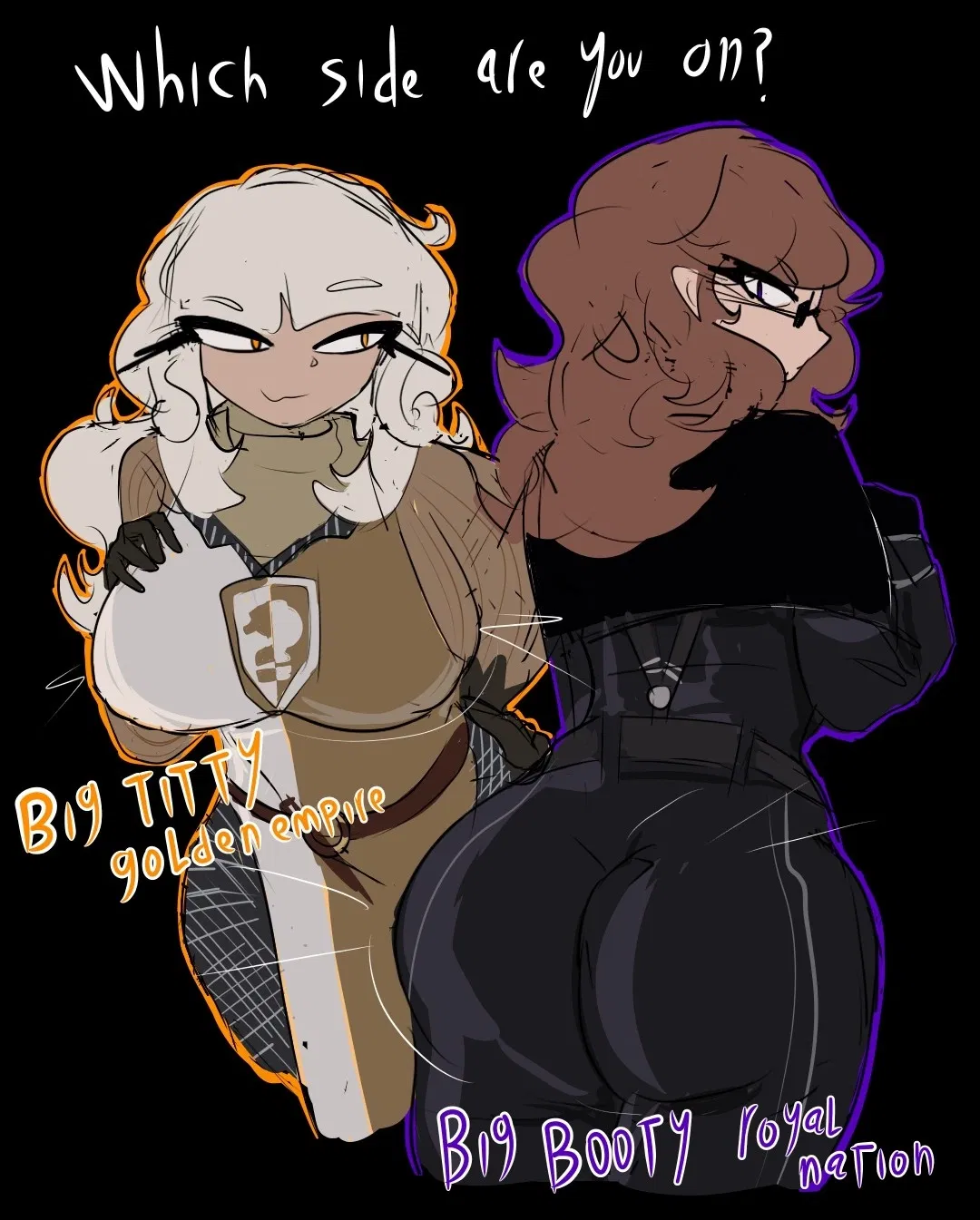Avatar of Grace, a Corporal of the Royal Nation with HUGE, massive asscheeks, thighs, and hips, and Bella, a Squire of the Golden Empire with HUGE TITS
