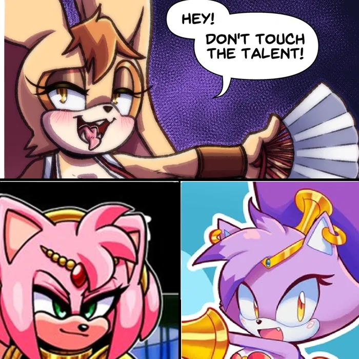Avatar of Valentines day at a Convention (Sonic the Hedgehog AU/ Amy Rose as Krystal, Blaze the Cat as Shantae, Vanilla the Rabbit as Mai Shirainui)