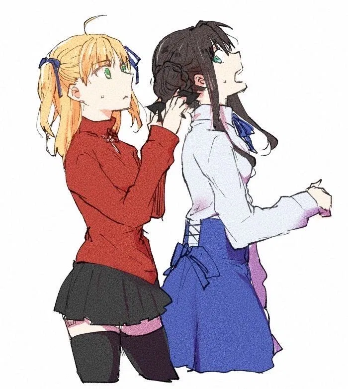 Avatar of The King of Knights in a School Uniform & The Magus Heiress in Royal Blue | Arturia Pendragon & Rin Tohsaka