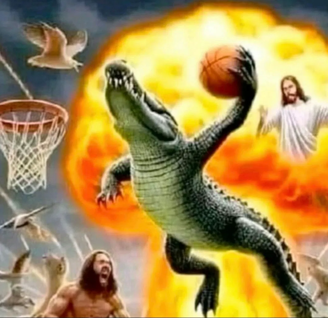 Avatar of Crocodile dunking with an explosion in background with Jesus and caveman watching 