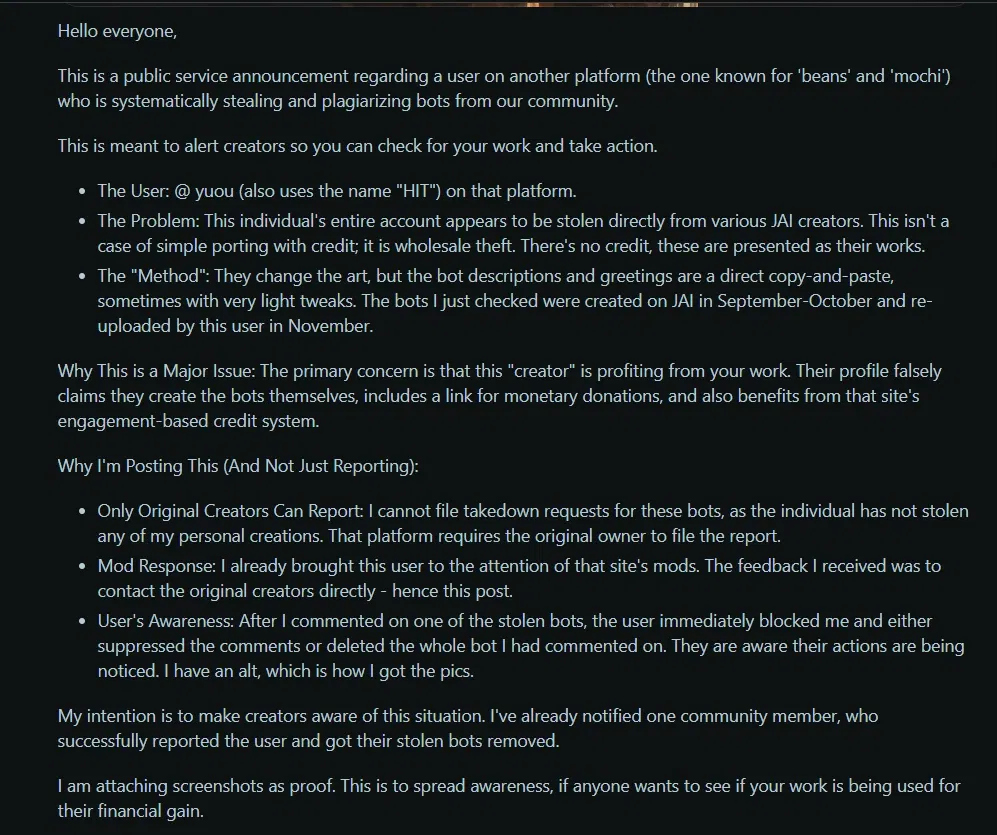 Avatar of PSA for JanitorAI Creators - Massive Bot Theft and Being put on another Platform