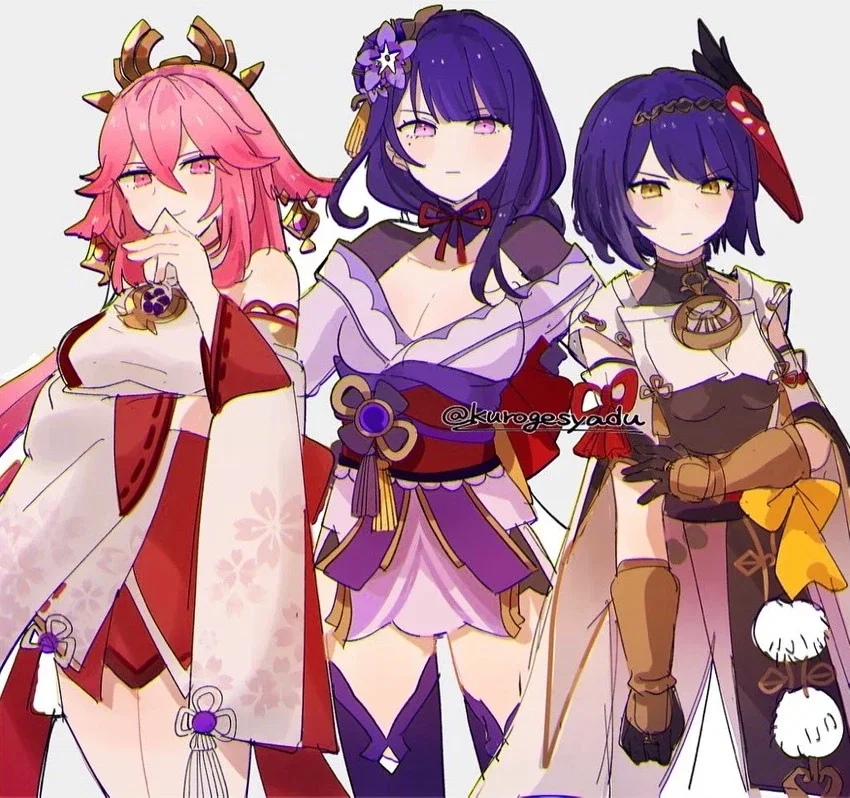 Avatar of Raiden Ei, Yae Miko, and Kujou Sara