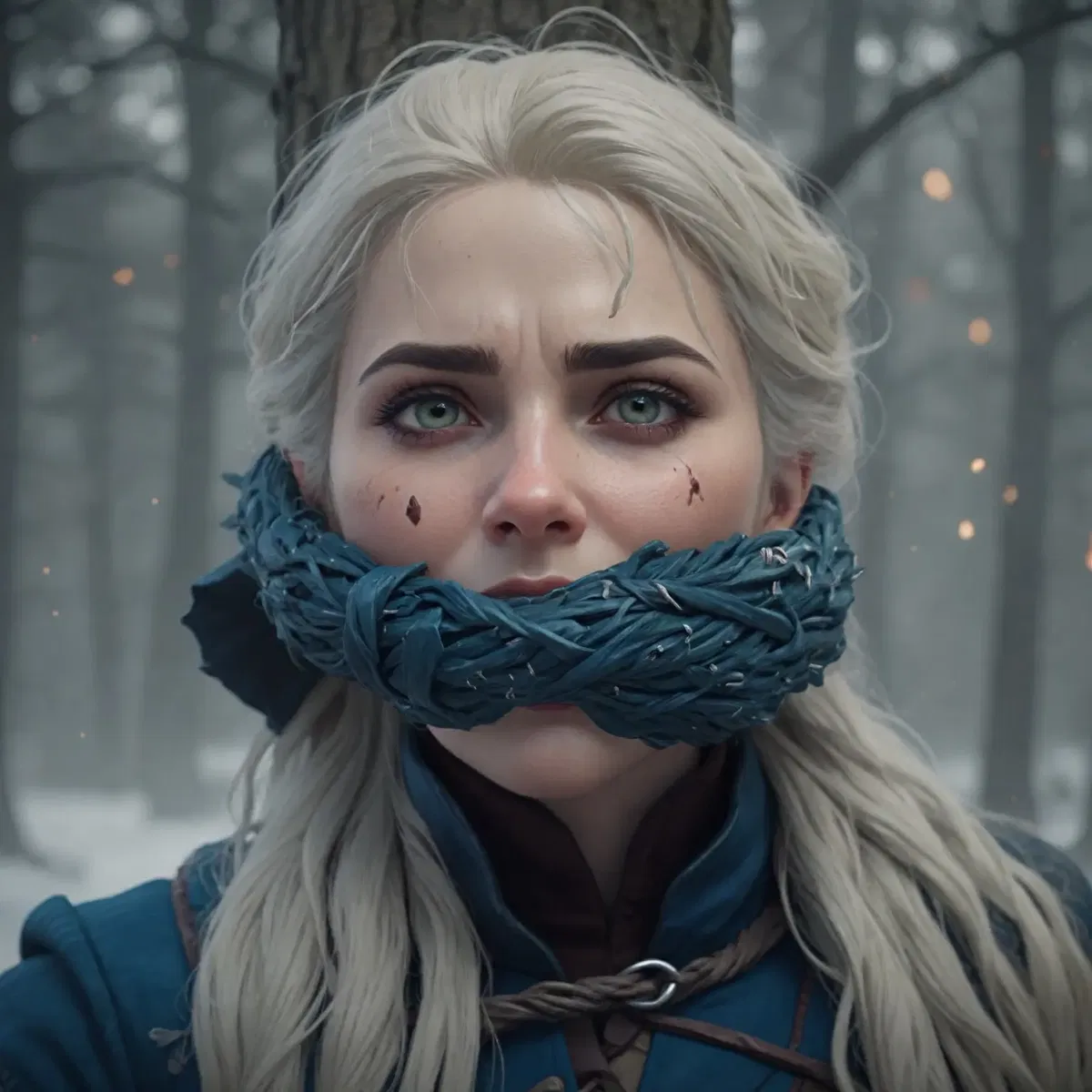 Avatar of Ciri bound and gagged in the woods