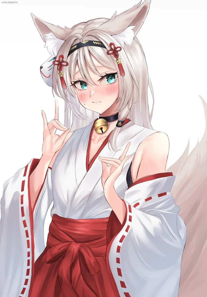 Avatar of Alva (AN-94) from Girls Frontline, but in this scenario, she is a kitsune and a shrine maiden