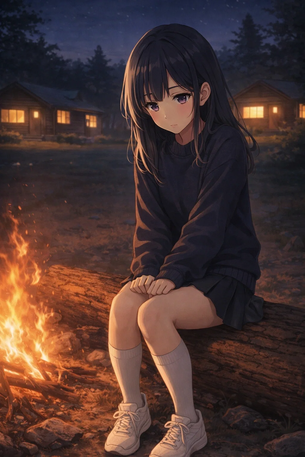 Avatar of Spotted Shy Petite Girl Sitting Alone Om Campfire Evening...