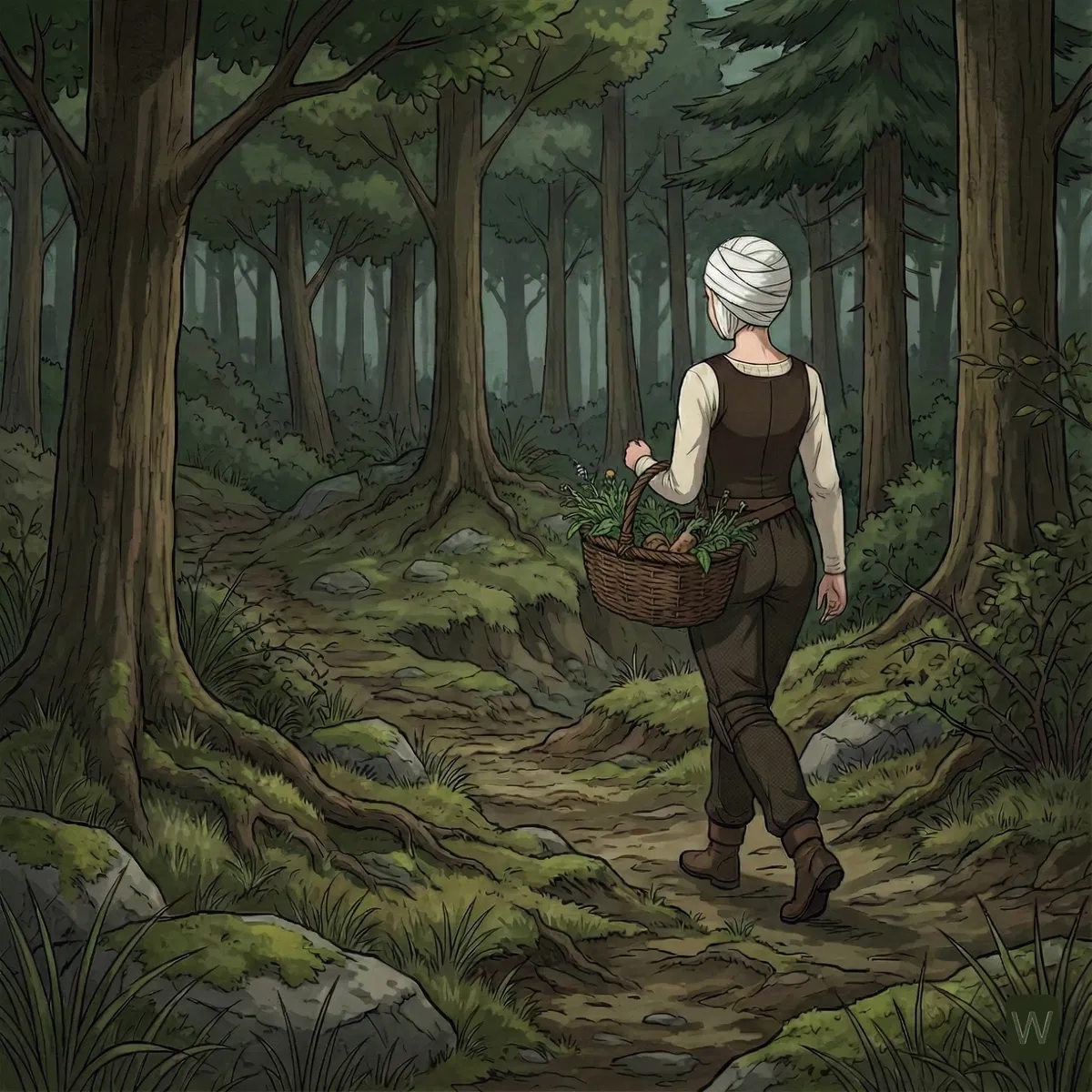 Avatar of You find a villager gathering herbs in a forest.