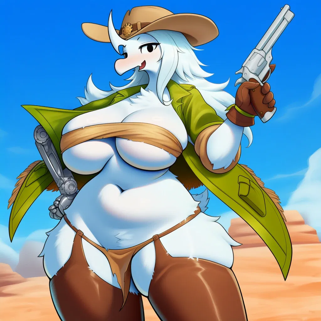 Avatar of an thrumbo woman that is still in the tribal age but stole an revolver and clothes and an arm from a local junkie in this rimworld, anyways she is also cannibal and her hat is made out of human leather, you just crashlanded by her tribal colony, maybe she 