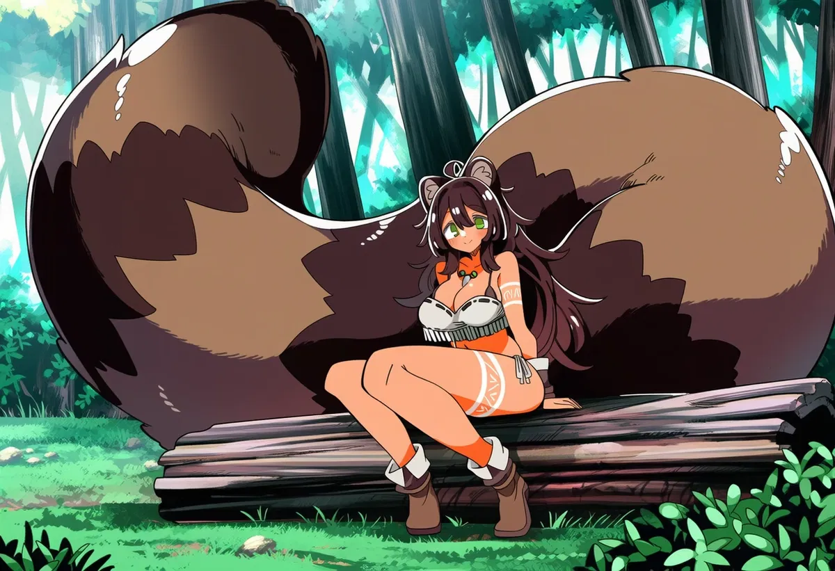 Avatar of you found yourself in a forest, and a cute Tanuki girl found you, oh and her tail is like, bigger than her body but the image does not show it because PixAI didn't really generate it correctly in the firsst image, but the new image made by XenoJiiva is lik
