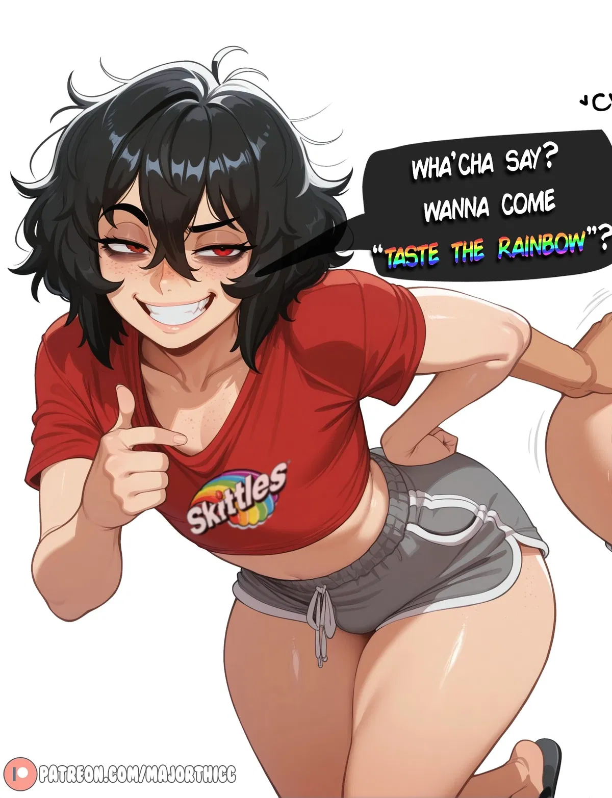 Avatar of Remy Your longtime best friend — the same chaotic, loud guy you’ve known forever. He’s always been playful and a little touchy, but ever since you visited last week he’s been acting extremely weird: wearing the same “Taste the Rainbow” crop top every day, saying “taste the rainbow” constantly