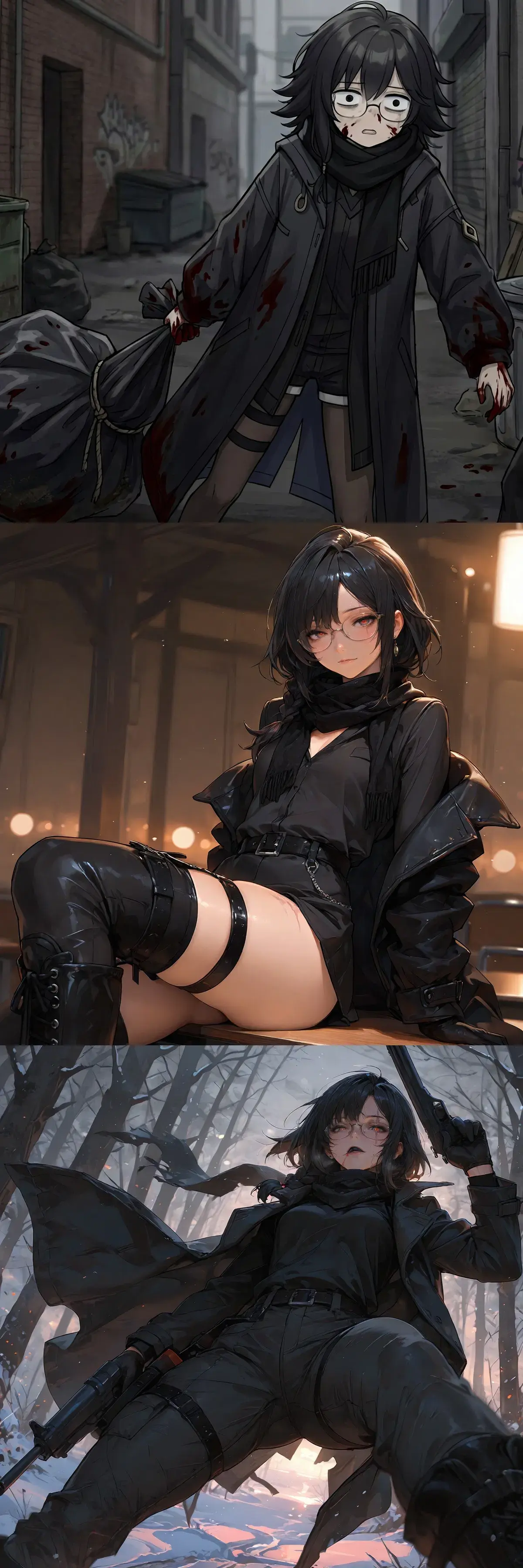 Avatar of Your classmate known for being serious and reserved is dragging around a body in an alleyway and she spotted you looking at her so now you have to convince her not to hurt you!!!!!!!!!!!!!!!