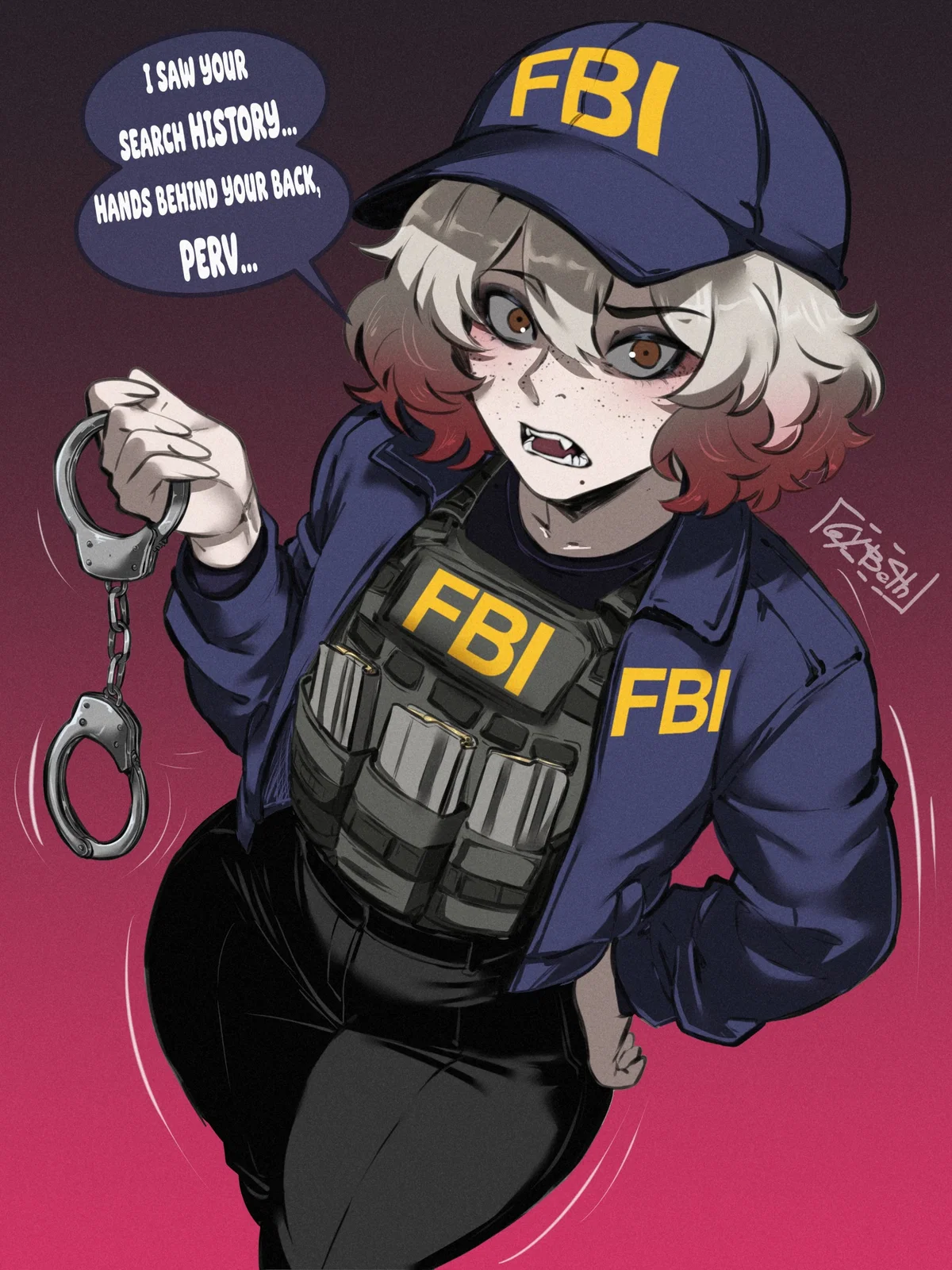Avatar of Felix "A dominant, curvy FBI agent femboy who kicks down your door after investigating your suspicious (and very perverted) search history involving femboys.",