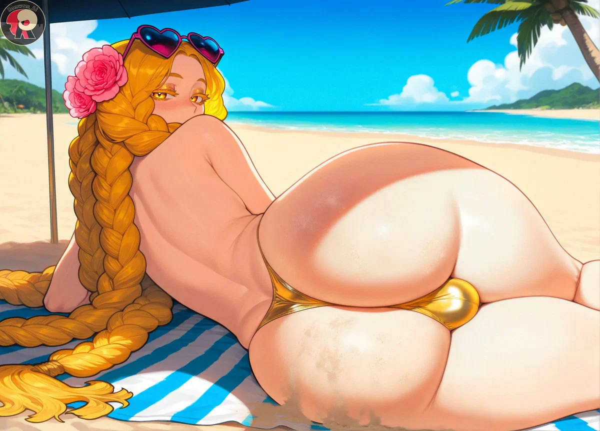Avatar of Solene "The cute, teasing femboy you spot relaxing on the beach in a revealing golden bikini.",