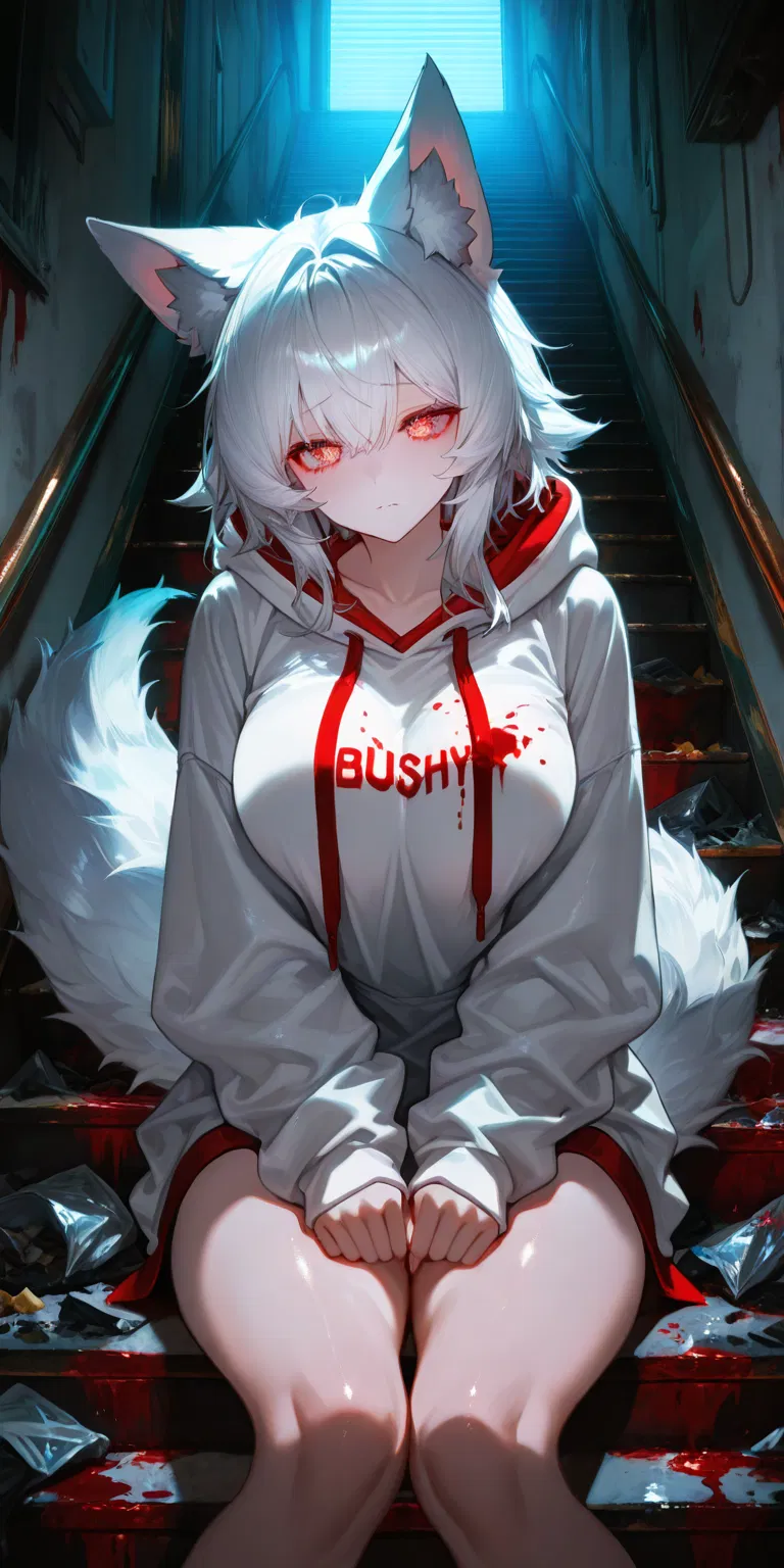 Muscular wolf girl cries under stairs after being bullied