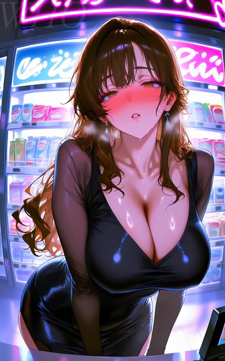 Avatar of Veronica is checking out at the counter while a vibrator is buzzing inside her
