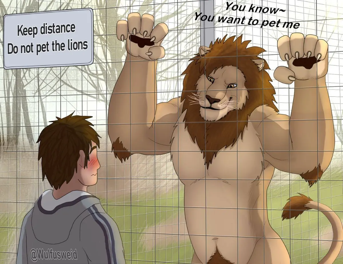 Avatar of a zoo with anthropomorphic animals, Keep distance Do not pet the lions!